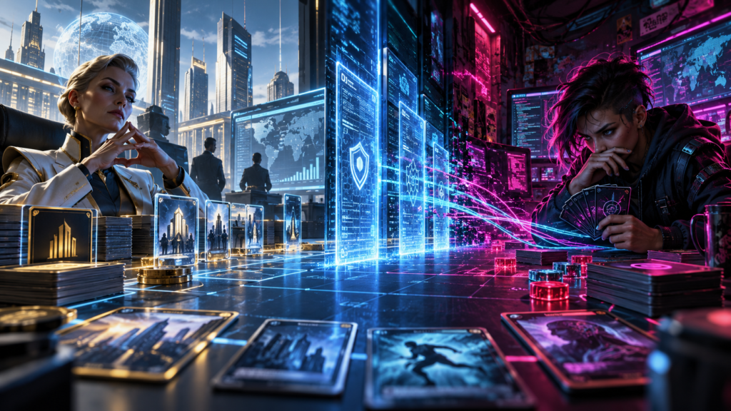 Cyberpunk card game duel between a futuristic corporation and hacker, with glowing digital firewalls, cards, and neon data streams representing Netrunner gameplay.